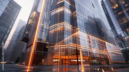 Modern high-rise office building with futuristic glass facade and neon lights reflecting in the urban cityscape during dawn.