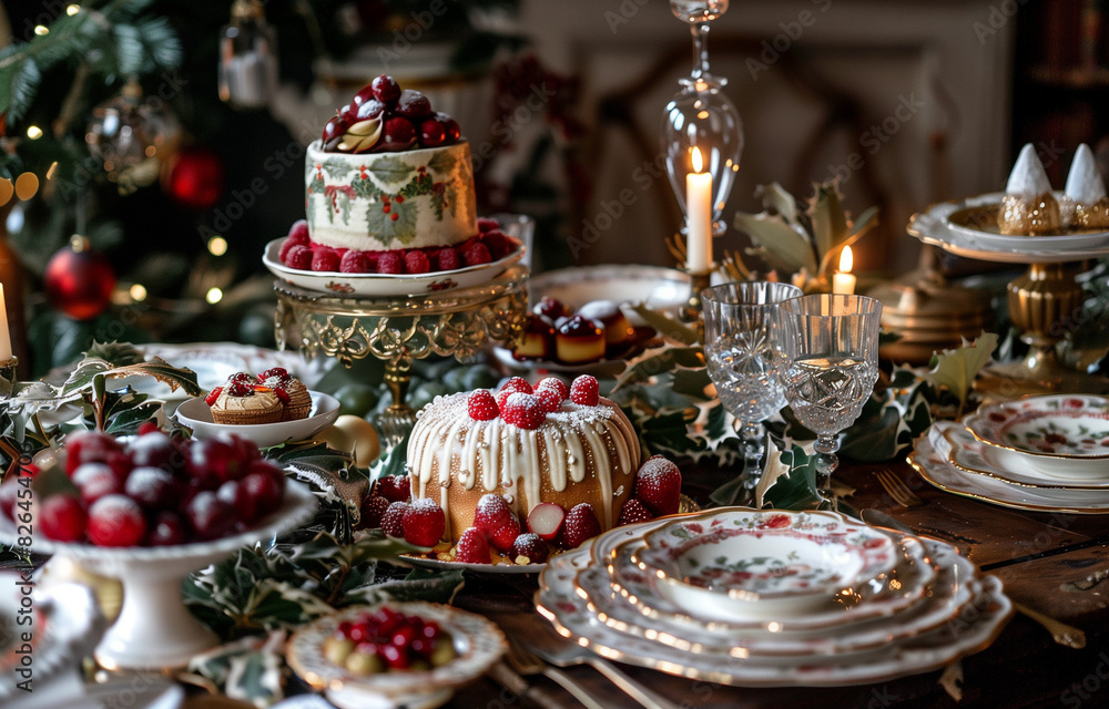 Christmas (New Year) Table Decor with Cakes and Candles Christmas (New Year) Table Decor with Cakes and Candles