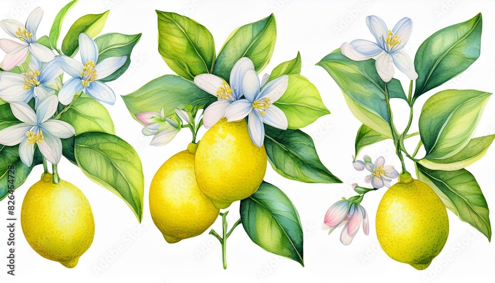 Set off Blooming lemon branches on an isolated white background, watercolor illustration, botanical painting