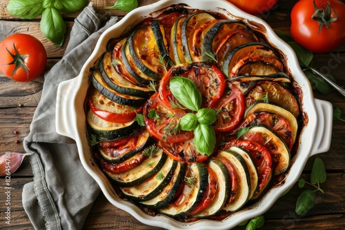 Colorful ratatouille in a baking dish, garnished with fresh basil photo