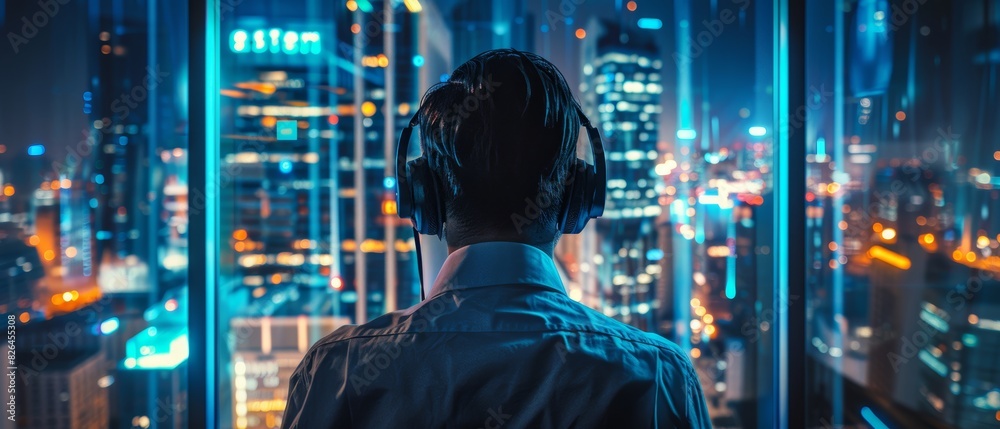 A man wearing headphones is looking out a window at a city A man wearing headphones is looking out a window at a city