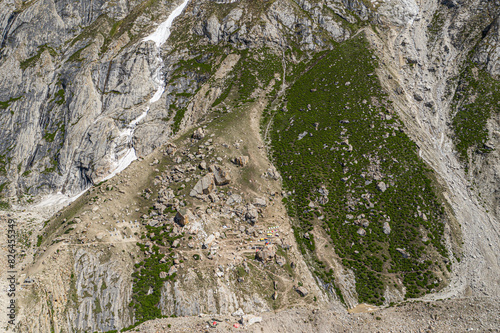 Aerial view of snowy peaks and rocky landscape at Urdukas camp, Baltoro glacier, Shigar, Gilgit-Baltistan, Pakistan. photo