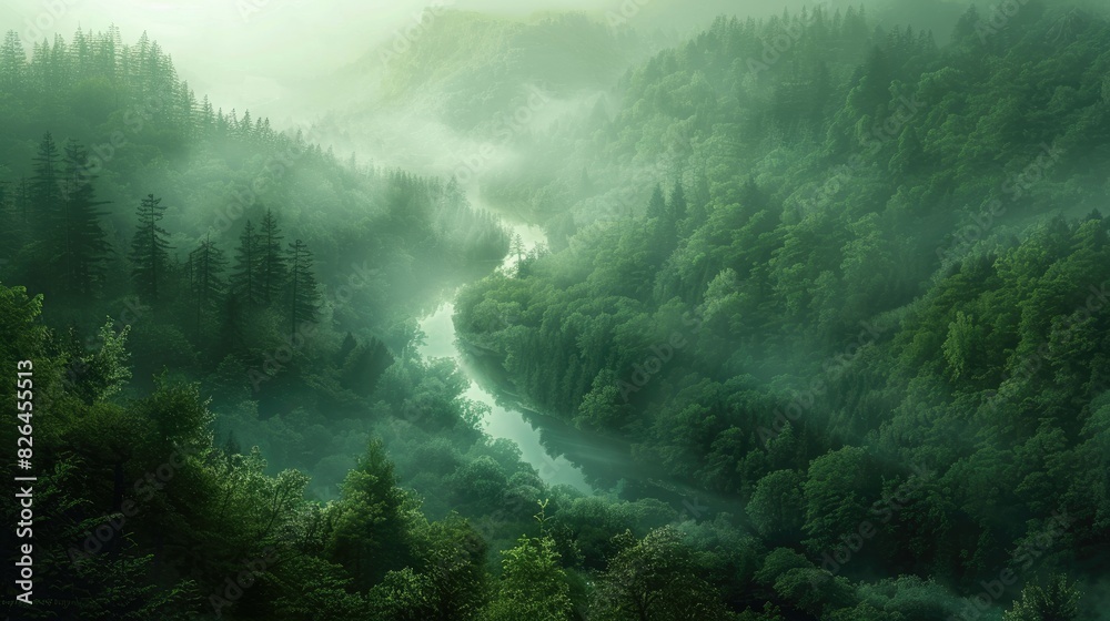 A winding river cutting through the heart of a dense, misty forest, shrouded in mystery A winding river cutting through the heart of a dense, misty forest, shrouded in mystery