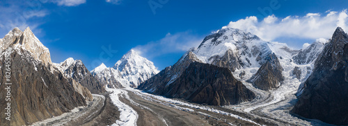 Aerial view of snow-covered Himalayas with Godwin Austen glacier, Broad peak, K2, Marble peak, and Angel peak, Shigar, Gilgit-Baltistan, Pakistan. photo