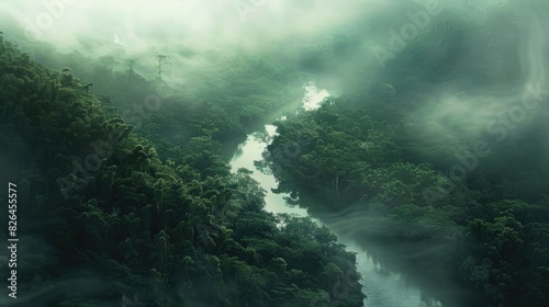 A winding river cutting through the heart of a dense, misty forest, shrouded in mystery © Lcs