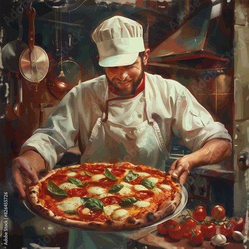pizzaiolo smiling chef proudly presenting a freshly baked pizza in a rustic kitchen, surrounded by fresh ingredients. Generative ai vector illustration. Pop art comic book style imitation
