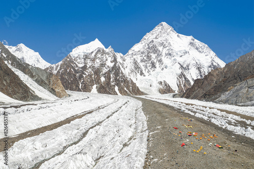 Aerial view of snow-capped Himalayas and Godwin Austen glacier, K2, angel peak, and broad peak base camp, Shigar, Gilgit-Baltistan, Pakistan.