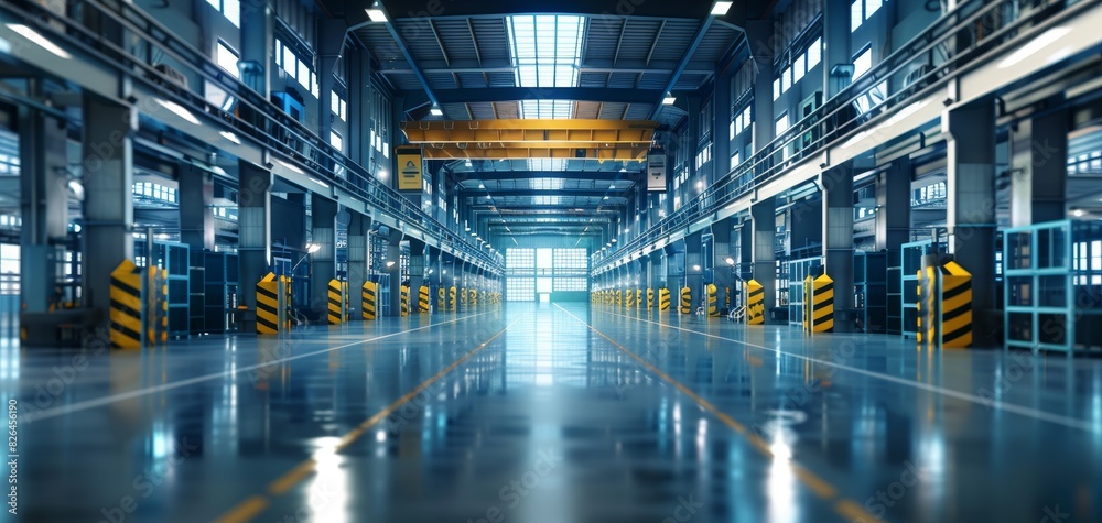 Large empty industrial warehouse with reflective floor, high ceilings, and bright lights, showcasing open space and modern architecture.