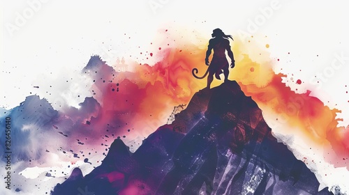 powerful hanuman silhouette on mountain top majestic watercolor illustration photo