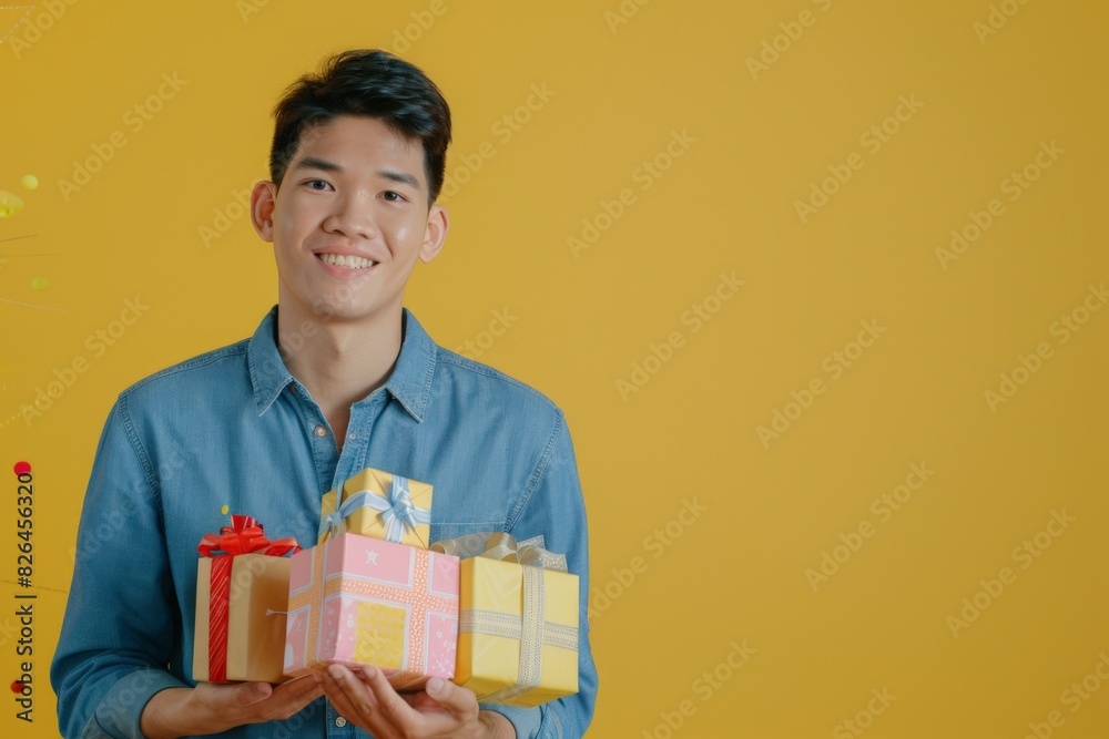 Happy Man Receiving Gift Dropping Boxes Orange Background Happy Man Receiving Gift Dropping Boxes Orange Background