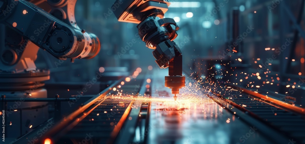 Industrial robotic arm performing precision welding on production line in high-tech factory, with sparks flying. Industrial robotic arm performing precision welding on production line in high-tech factory, with sparks flying.
