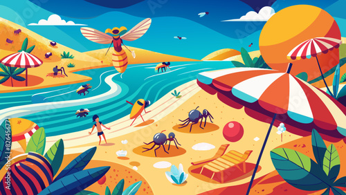 Vibrant Beachside Fun with Giant Insects and Happy Sunbathers Illustration photo