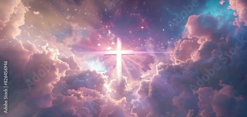Heavenly scene with a radiant cross glowing amidst vibrant clouds and a starry sky, symbolizing hope, faith, and spirituality.