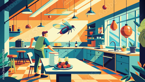 Modern Kitchen Interior Design with Giant Fly Illustration