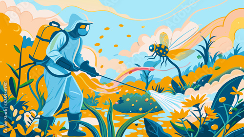 Colorful Illustration of Pest Control Worker Spraying in a Flower Field