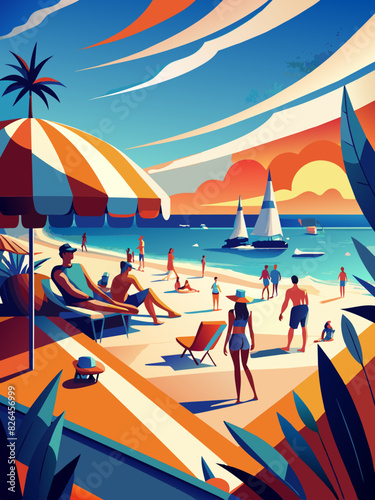 Vibrant Sunset Beach Scene with Vacationers and Sailboats