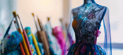 creation of fashion design, sketching outfits, stylish trends, imaginative concepts, close up, focus on, copy space, Double exposure silhouette with fabric patterns