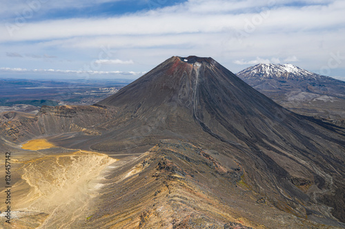 Aerial view of volcanic landscape with Mont Ruapehu, Mont Tongariro, Tongariro National Park, New Zealand. photo