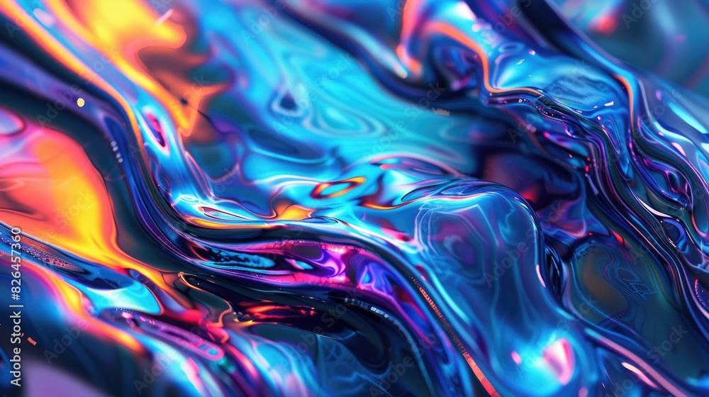 Obraz premium Background with fluid smooth chrome liquid texture waves, motion holographic effect wallpaper or banner