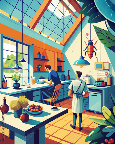 Vibrant Retro Kitchen Scene with Family and Oversized Insect Illustration