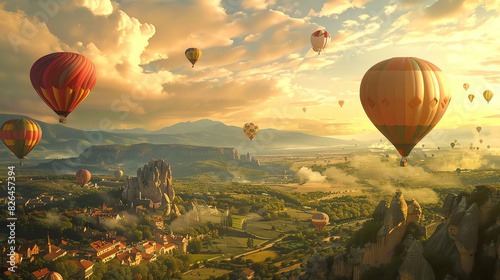 Many hot air balloons in the sky. The sky is yellow and cloudy and the balloons are mostly red, green, blue, and yellow. © Awais