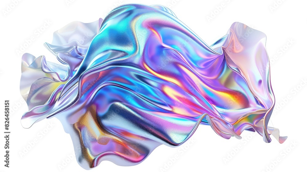Naklejka premium Background with fluid smooth chrome liquid texture wavy shape isolated on white, motion holographic effect
