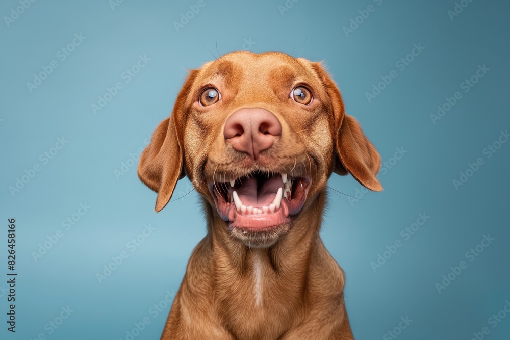 In a studio photo, a friendly dog is captured pulling a funny face, radiating charm and playfulness. This portrait perfectly captures the lovable and humorous nature of the dog. In a studio photo, a friendly dog is captured pulling a funny face, radiating charm and playfulness. This portrait perfectly captures the lovable and humorous nature of the dog.