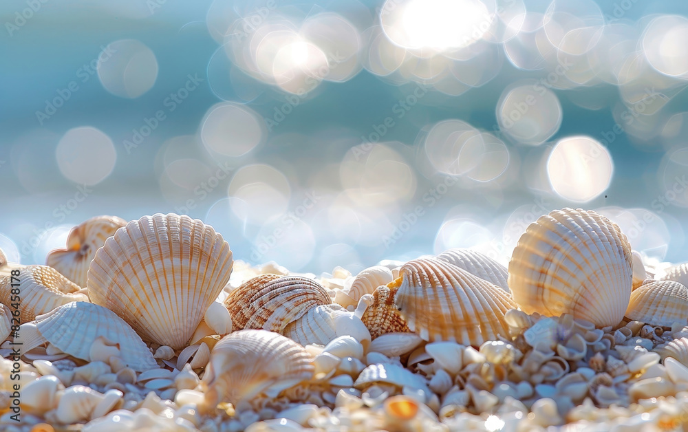 Close-up of beautiful seashells on a sandy beach with a bokeh effect and sparkling ocean waves in the background on a sunny day. Close-up of beautiful seashells on a sandy beach with a bokeh effect and sparkling ocean waves in the background on a sunny day.
