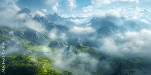 Majestic Mountain Landscapes Shrouded in Ethereal Clouds and Atmospheric Serenity