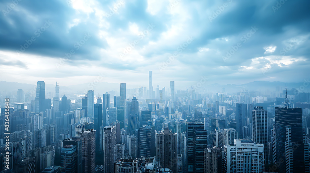 Viewed from a distance, Modern city buildings are arranged from left to right, The cloudy sky on background Viewed from a distance, Modern city buildings are arranged from left to right, The cloudy sky on background
