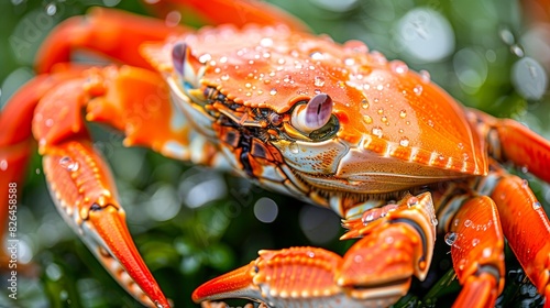 Close-up of a vibrant orange crab with water droplets on its shell against a blurred natural background, highlighting its vivid details.