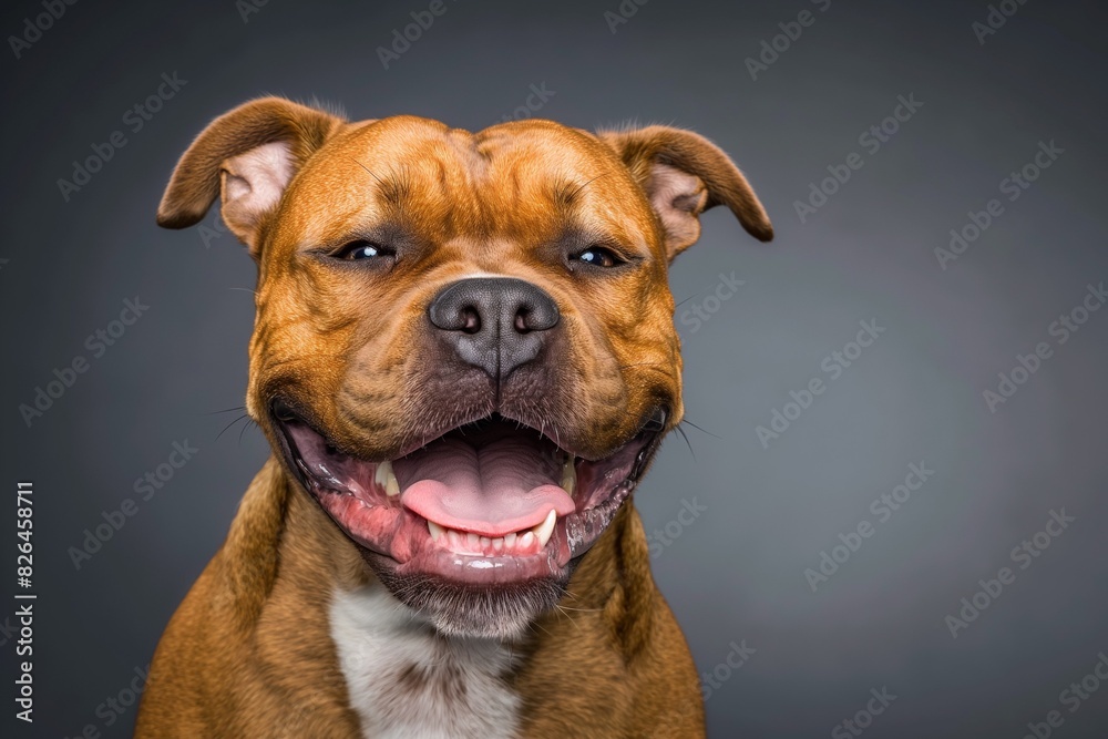 In a studio photo, a friendly dog is captured pulling a funny face, radiating charm and playfulness. This portrait perfectly captures the lovable and humorous nature of the dog.