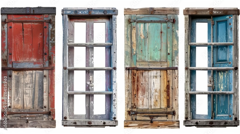 Obraz premium rustic old farm window frame set various colors open shutters weathered wooden texture isolated premium cutout