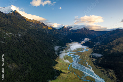 Aerial view of Forbes Mountain and Rees River, Mount Earnslaw, Glenorchy, Otago, New Zealand. photo