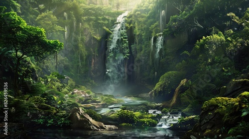 A secluded waterfall hidden deep within the forest, surrounded by lush greenery and moss-covered rocks. photo