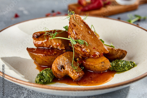 Fotografia Pork Medallions with Roasted Potatoes and Mushrooms in a Creative Plating