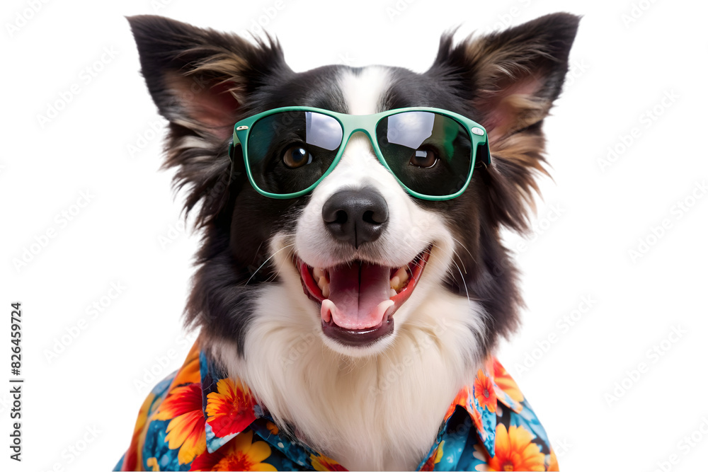 Playful Border Collie Dog Ready for Vacation in a Stylish Hawaiian Shirt and Sunglasses, Isolated on Transparent Background