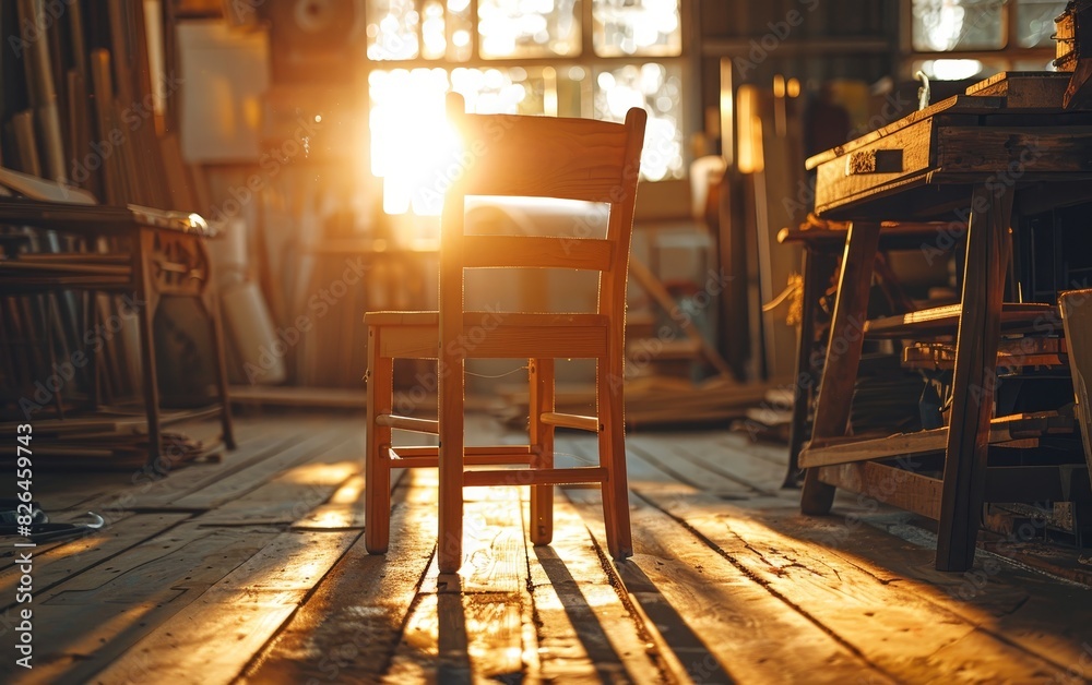 Sunlit wooden chair in a rustic, cozy workshop full of tools and wooden planks, evoking a warm, nostalgic, and creative atmosphere. Sunlit wooden chair in a rustic, cozy workshop full of tools and wooden planks, evoking a warm, nostalgic, and creative atmosphere.