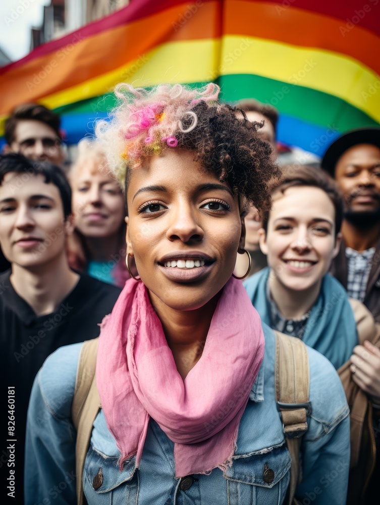 A diverse group of people smile and stand together holding a rainbow flag. A diverse group of people smile and stand together holding a rainbow flag.