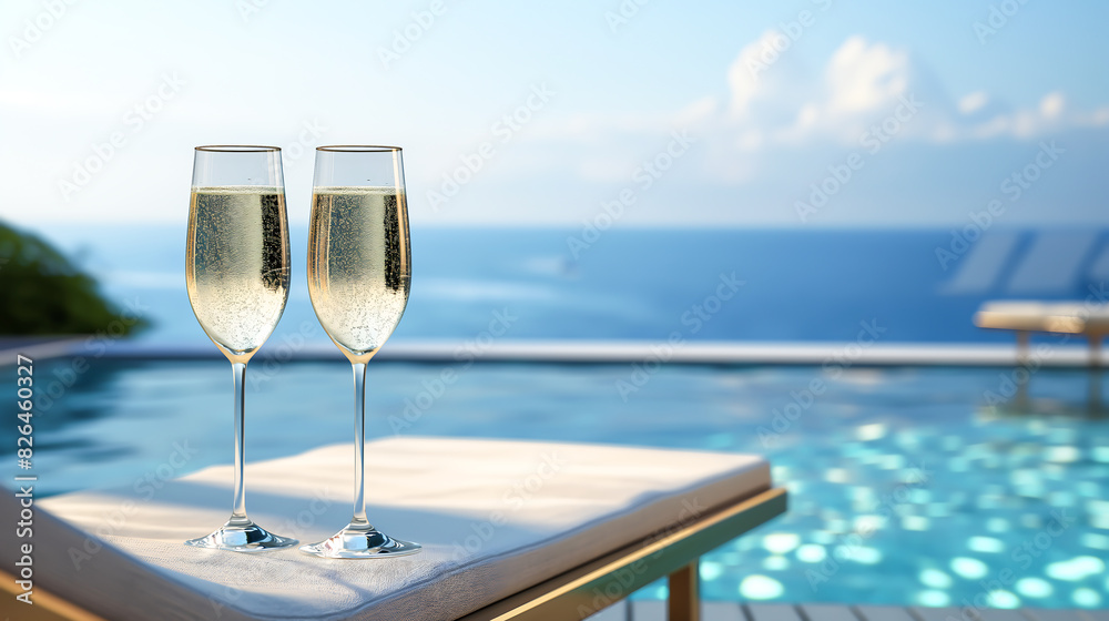 Two glasses of champagne on a table near a sun lounger and a pool with blue water, View from the hotel on background Two glasses of champagne on a table near a sun lounger and a pool with blue water, View from the hotel on background