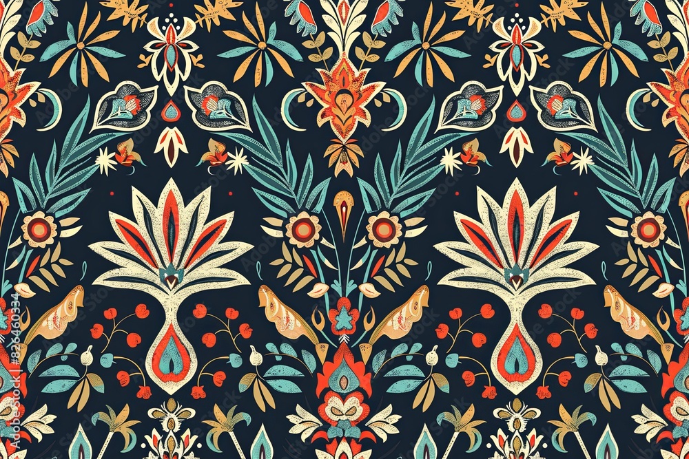 Elaborate Middle Eastern traditional pattern with hand-drawn date palm trees. Vibrant cultural tapestry. Elaborate Middle Eastern traditional pattern with hand-drawn date palm trees. Vibrant cultural tapestry.