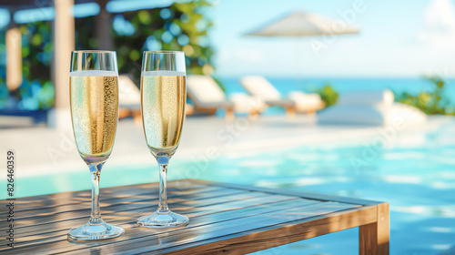 Two glasses of champagne on a table near a sun lounger and a pool with blue water, View from the hotel on background photo