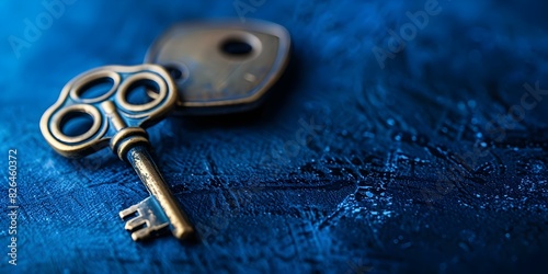 A key symbolizing online security and digital asset protection on blue backdrop. Concept Technology, Cybersecurity, Online Protection, Digital Assets, Key Symbol