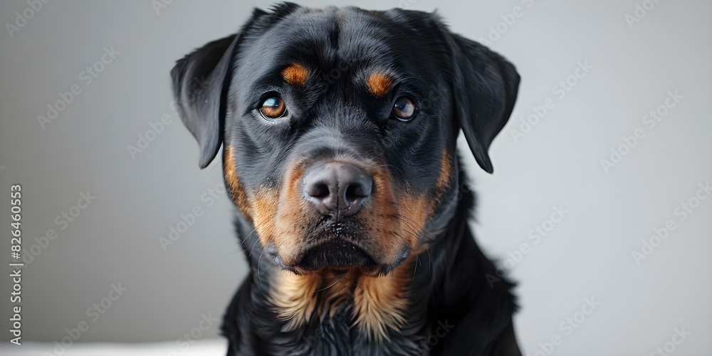 Fototapeta premium Stunning Rottweiler poses majestically against a clean white backdrop showcasing unique markings. Concept Pet Photography, Rottweiler Poses, White Backdrop, Unique Markings, Majestic Portraits