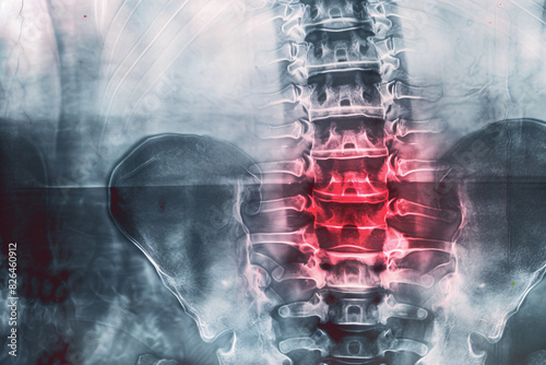 x-ray of a spine with red and black highlighted photo