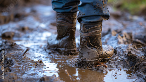 a person wearing boots in a muddy puddle photo