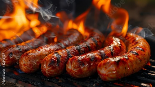 sizzling sausages on a flaming grill appetizing and crispy with copy space barbecue food closeup photo photo