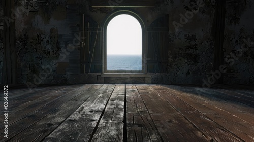 an empty wooden table with overcast lighting, set against a backdrop of an open window revealing a sea view.