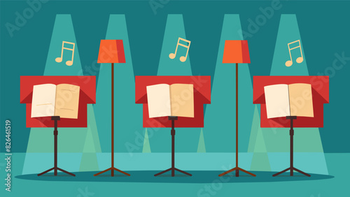A row of music stands line the stage each holding the sheet music that the choir will soon perform.. Vector illustration