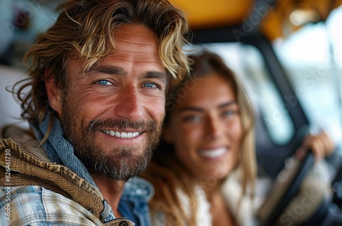 A man and a woman are smiling in the front seat of a car, enjoying their time together.